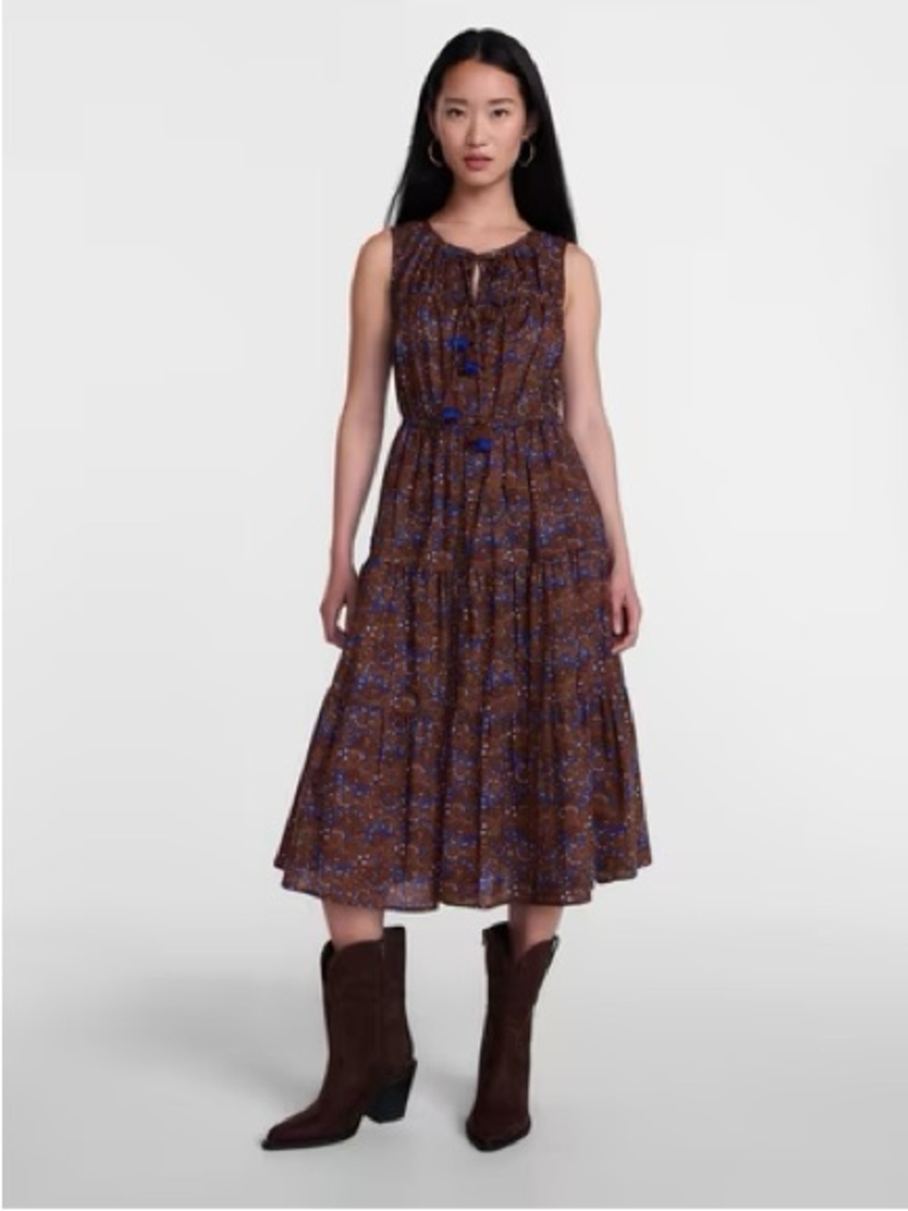 Sleeveless Brown Floral Midi Dress with Blue Print